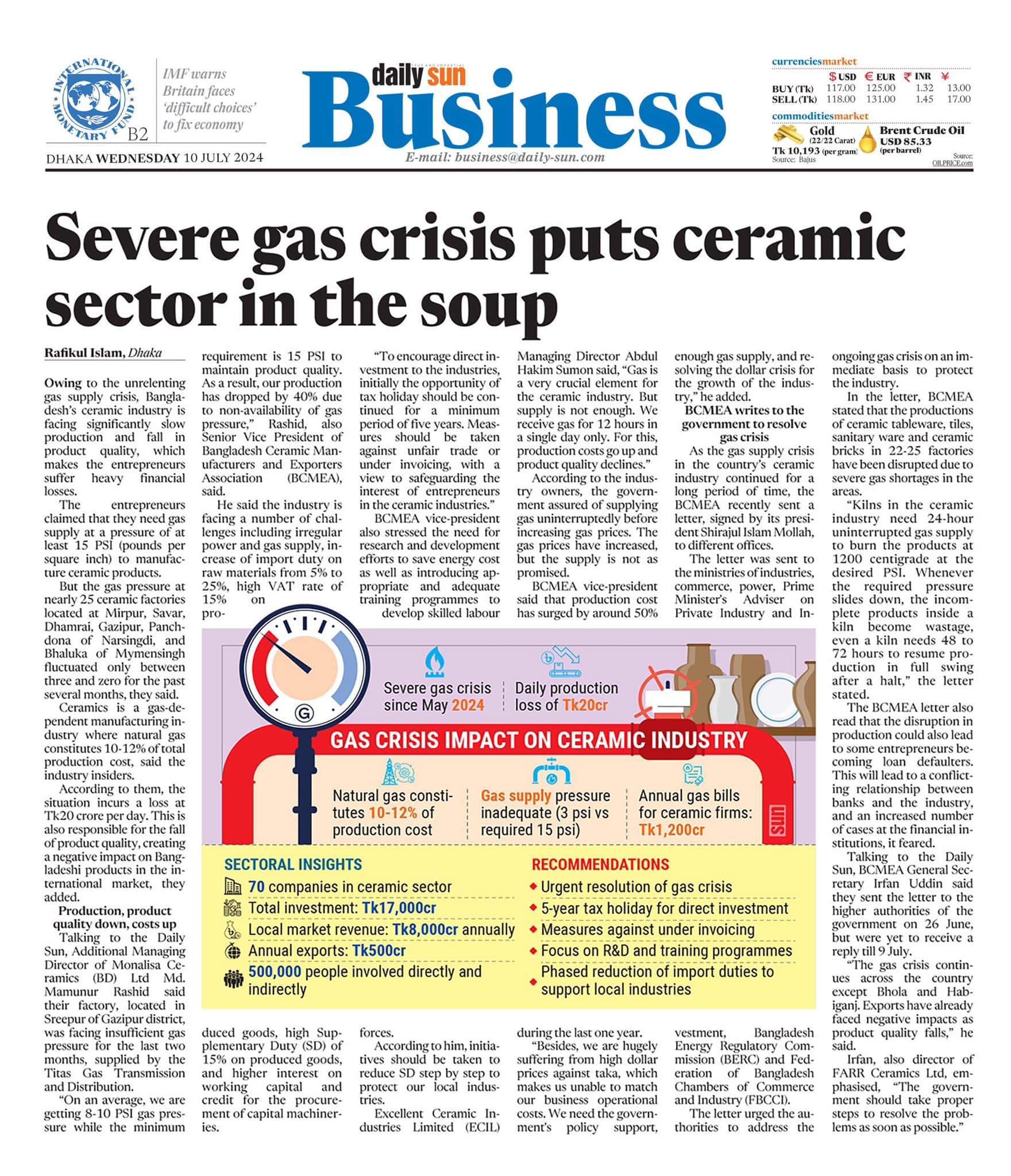 Severe gas crisis puts ceramic sector in the soup